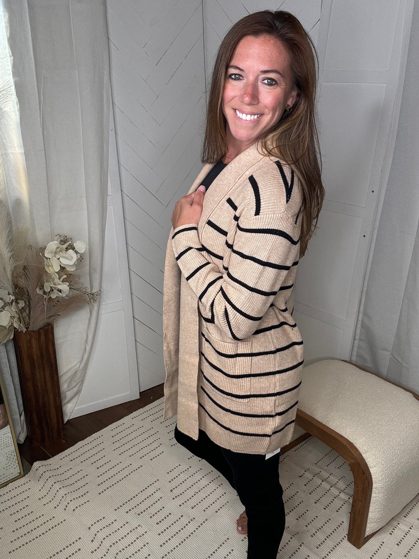 Black + Tan Striped Pocket Cardigan