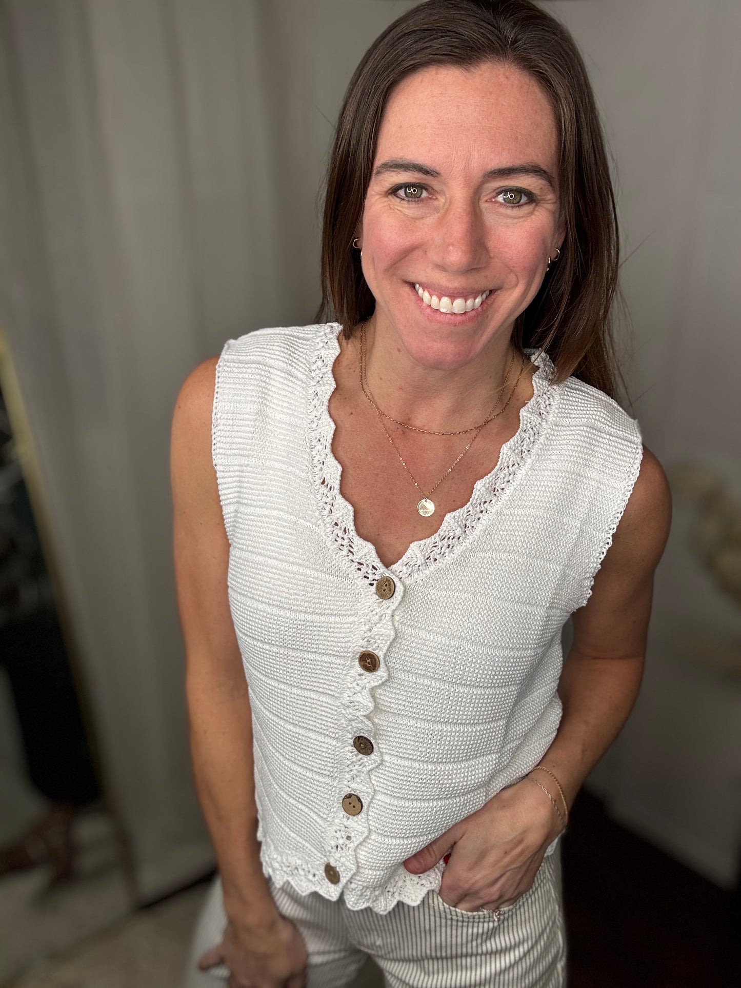 Ivory Knit Button-Front Vest