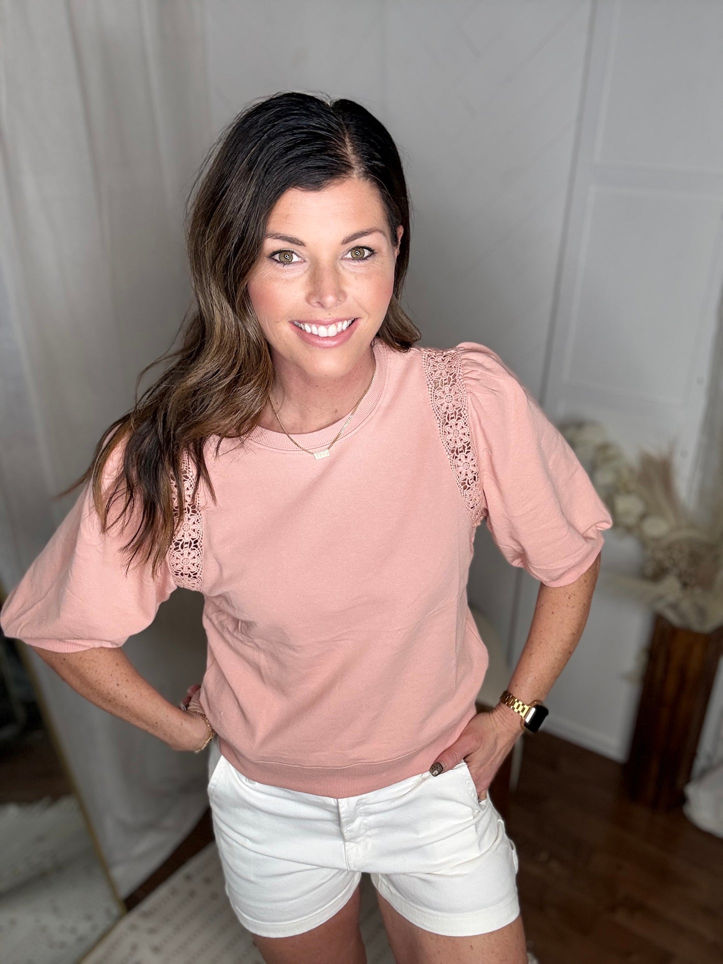 Sweet Peach Lace Sleeve Top
