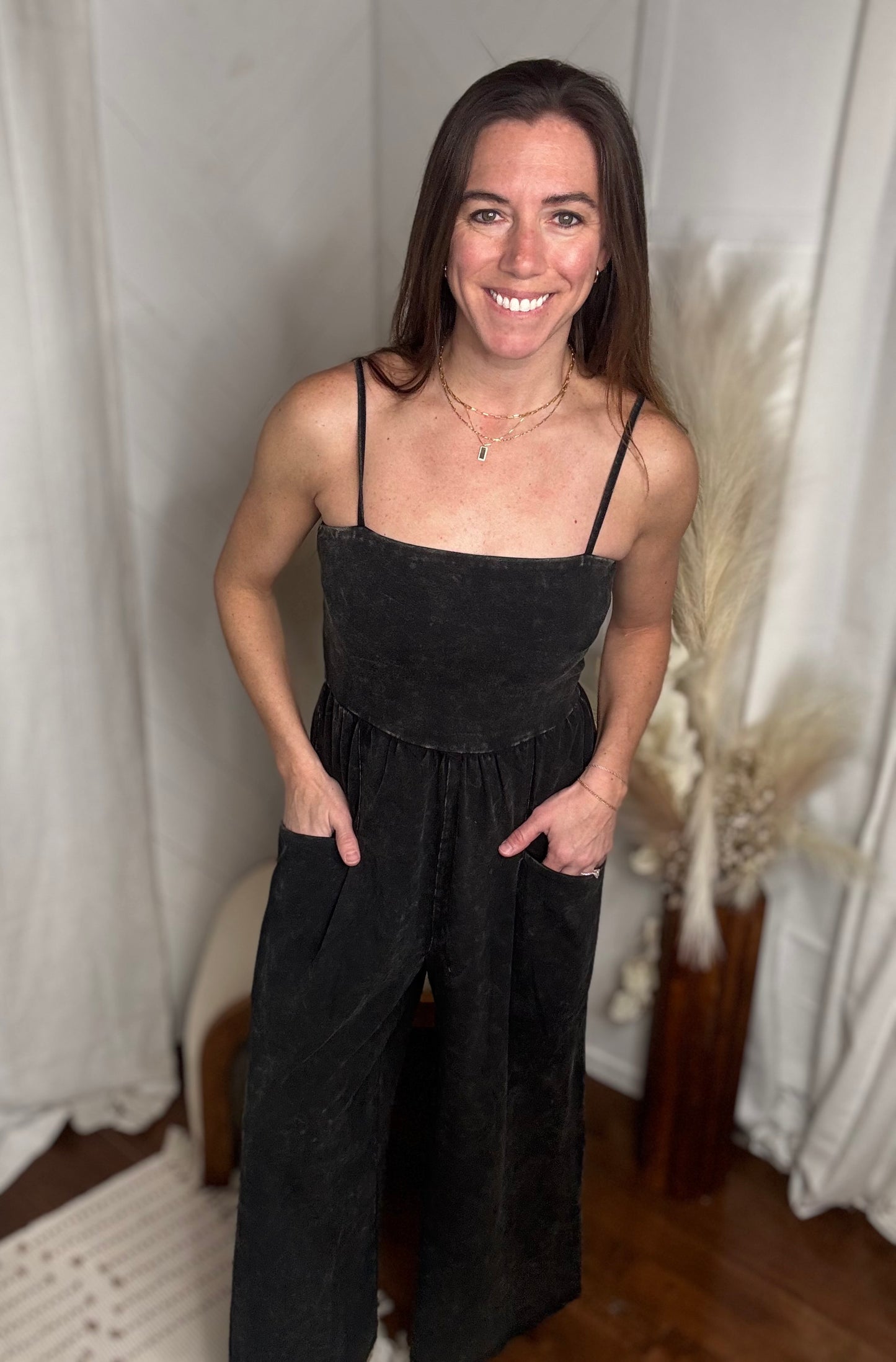 Dark Mineral Washed Wide Leg Jumpsuit