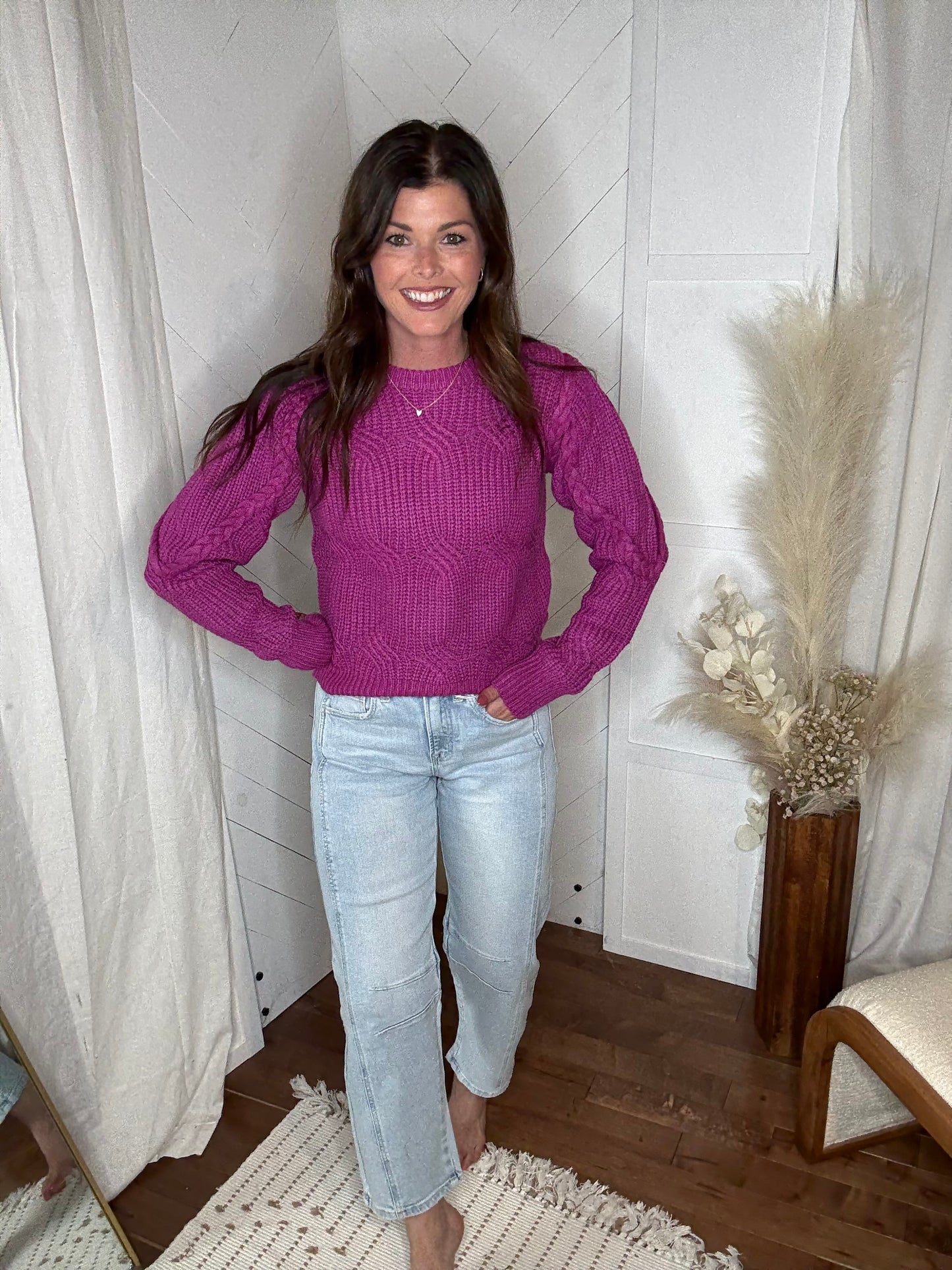 Raspberry Braided Puff Sleeve Sweater