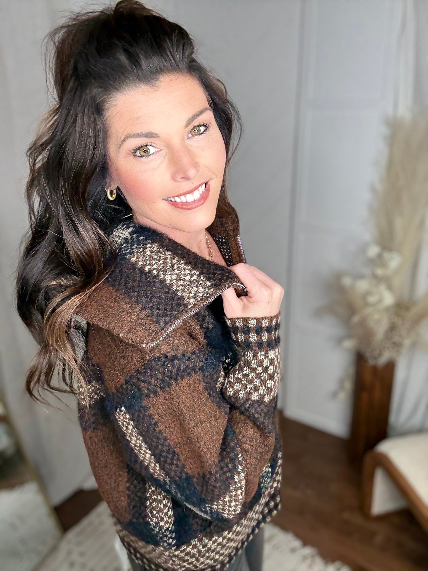 Mocha Plaid Fuzzy Knit Sweater Jacket