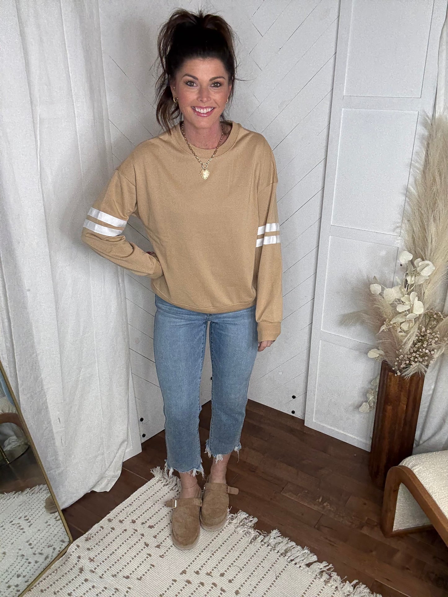 Varsity Striped Sweatshirt: Beige