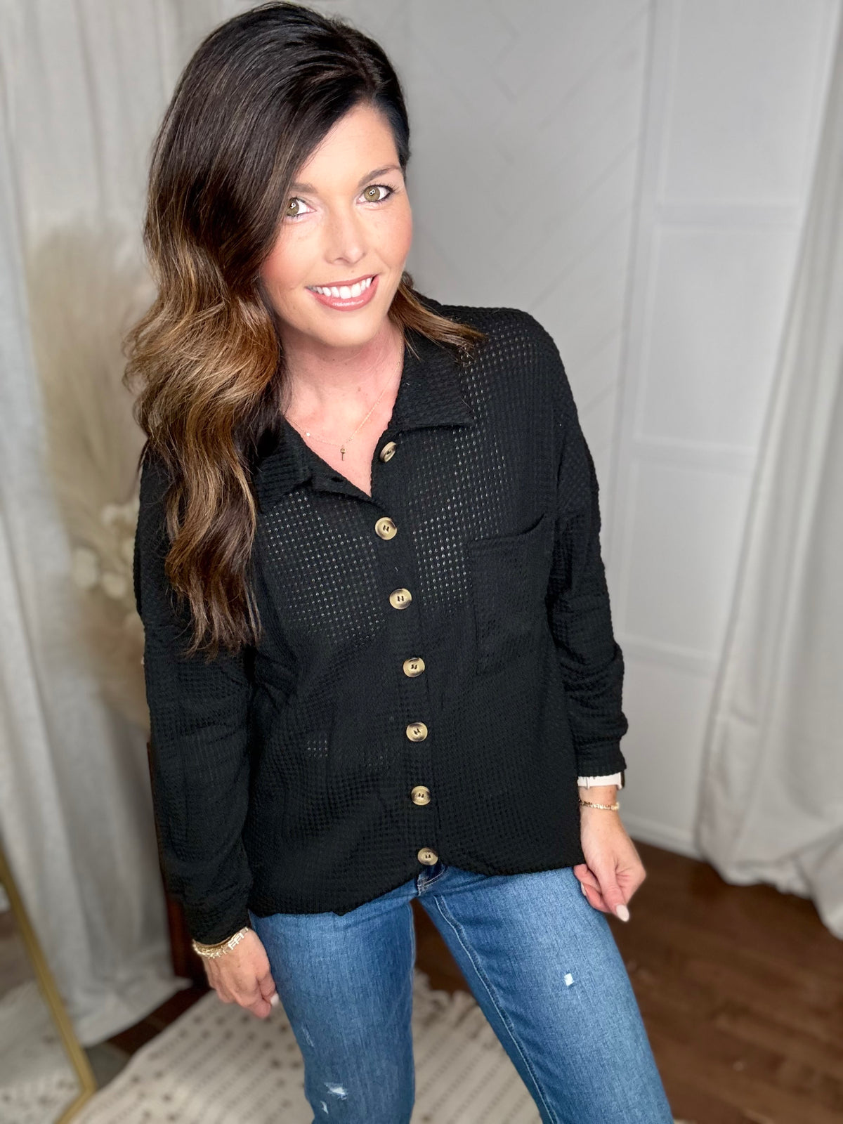 Midnight Waffle Knit Button-Up
