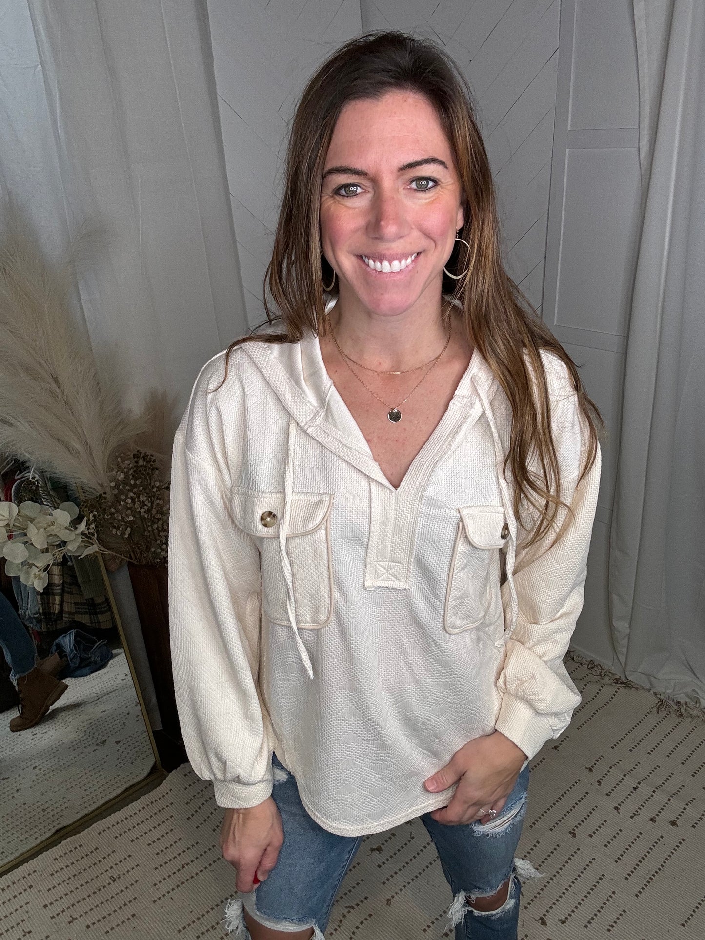 Hooded Pocket Knit Top: Cream