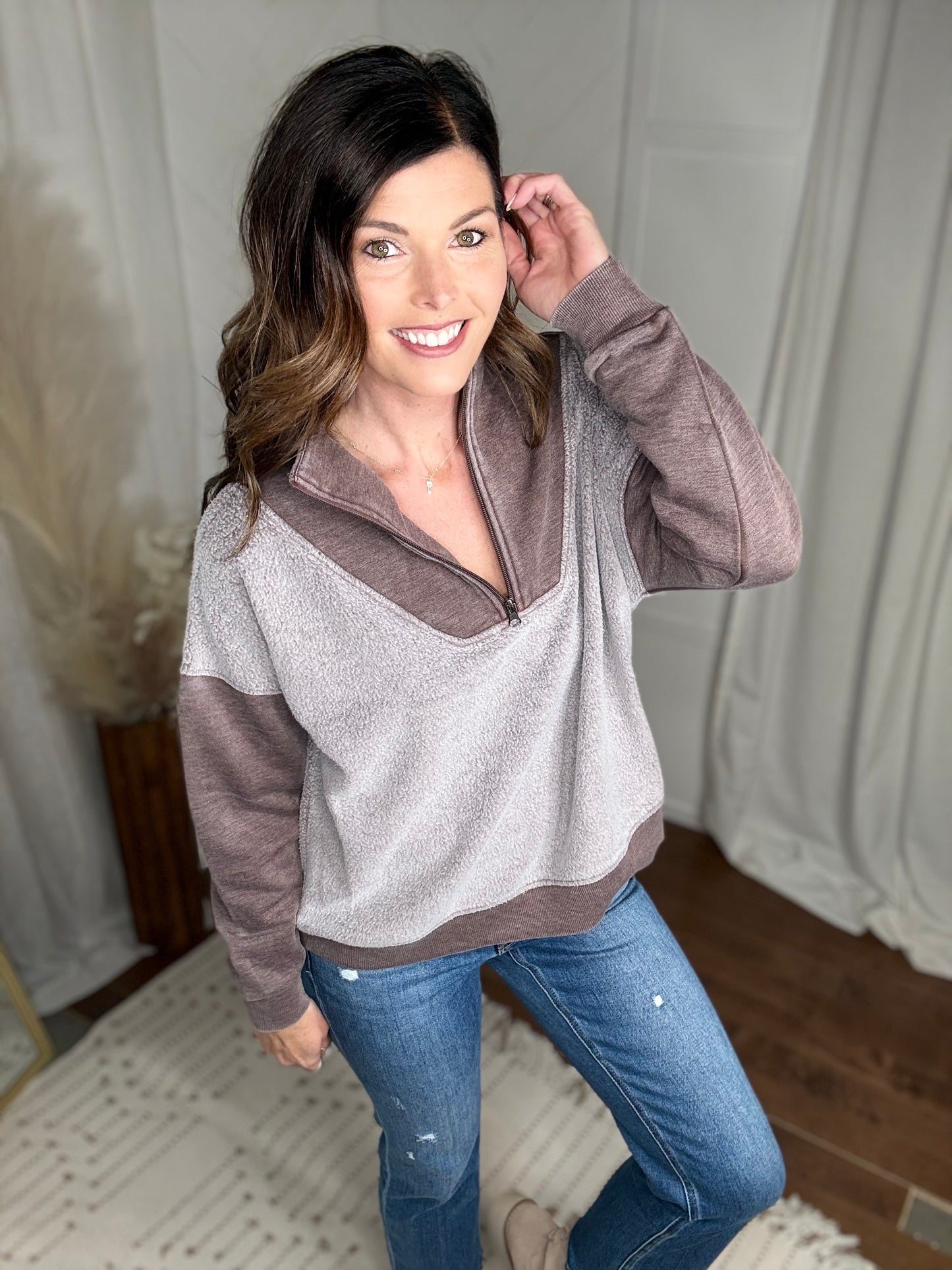 Brown Mixed Quarter Zip Sweatshirt