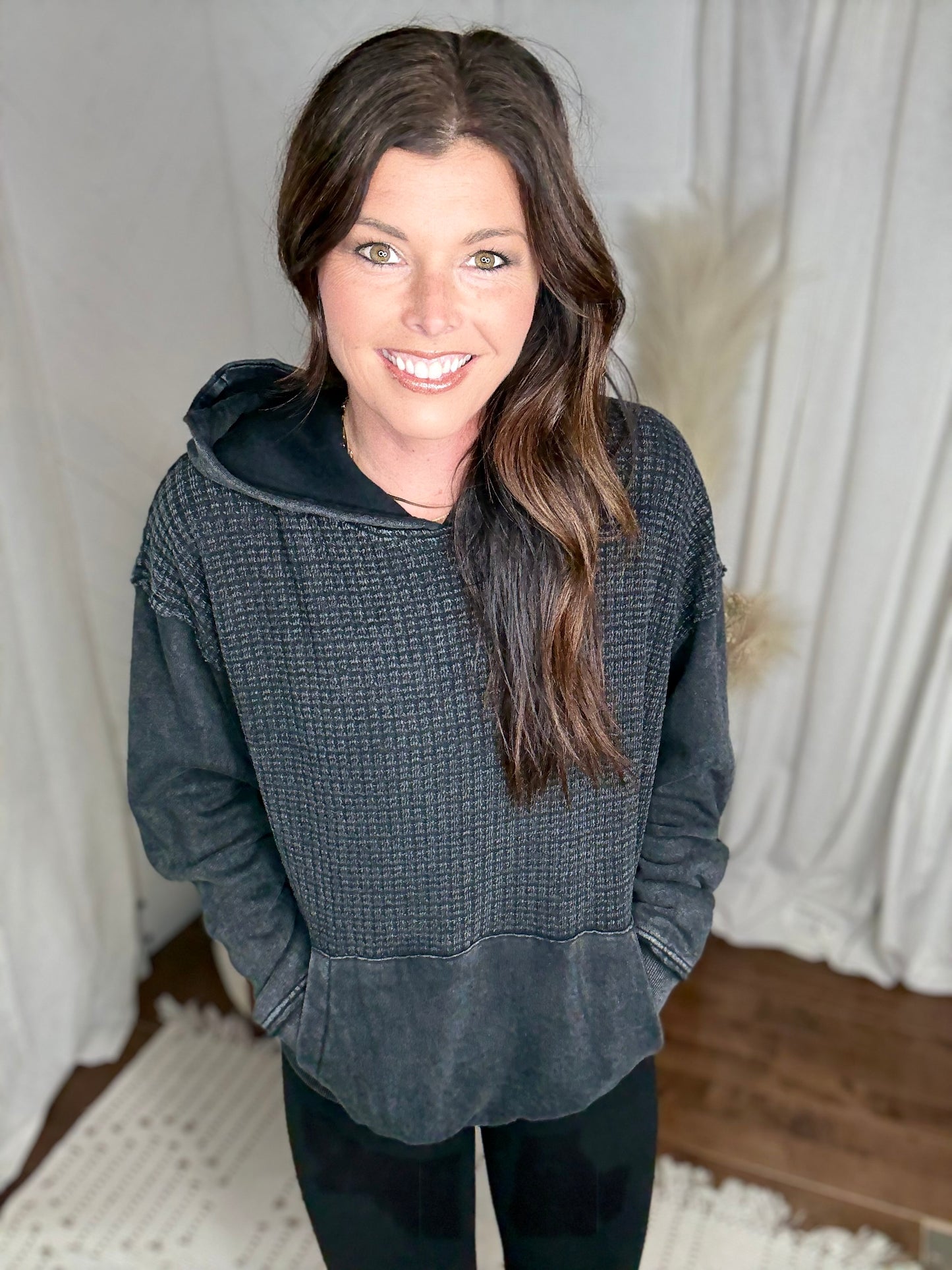 Waffle Knit Hoodie: Black