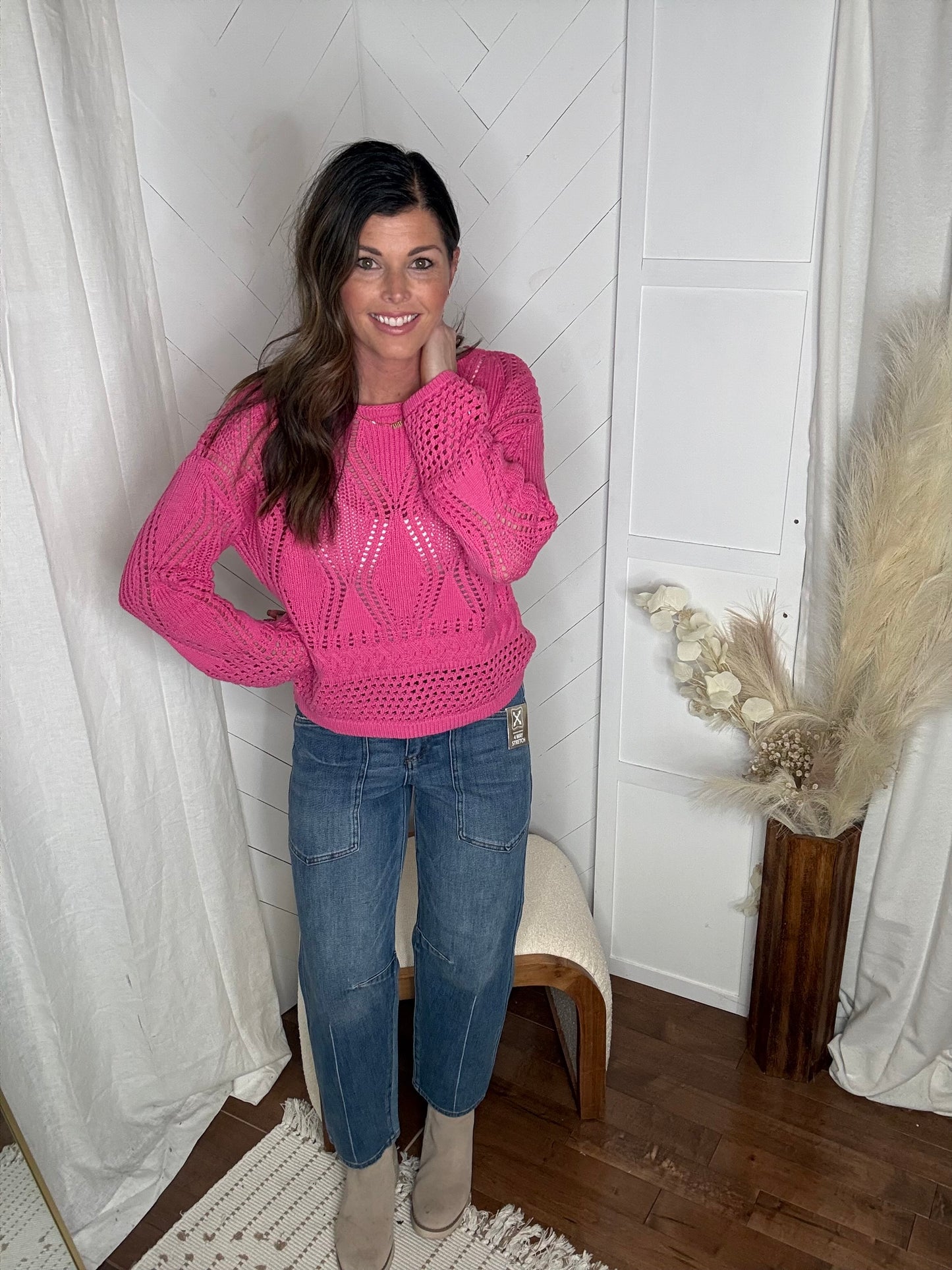 Fuchsia Breeze Open Crochet Sweater