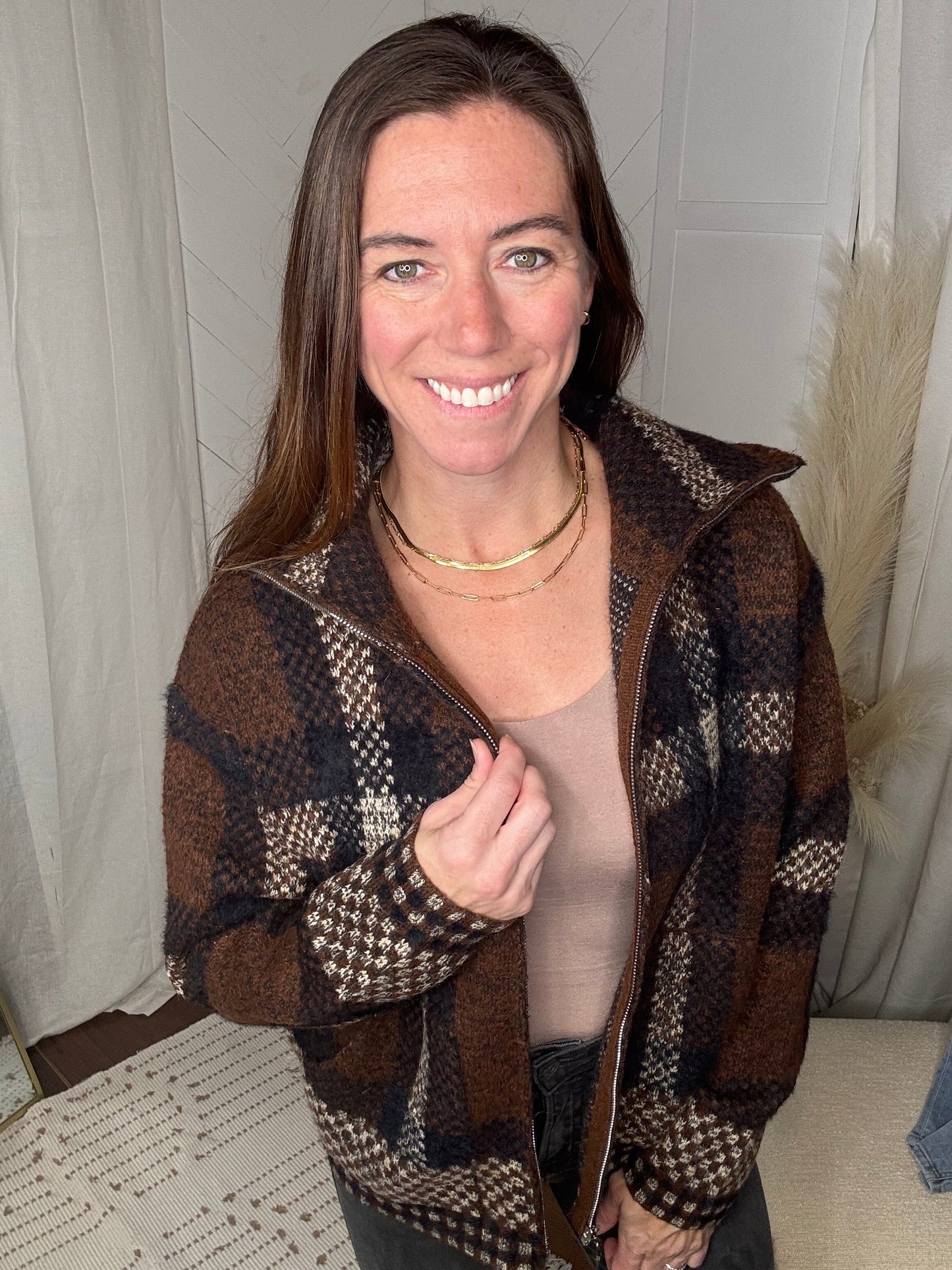 Mocha Plaid Fuzzy Knit Sweater Jacket