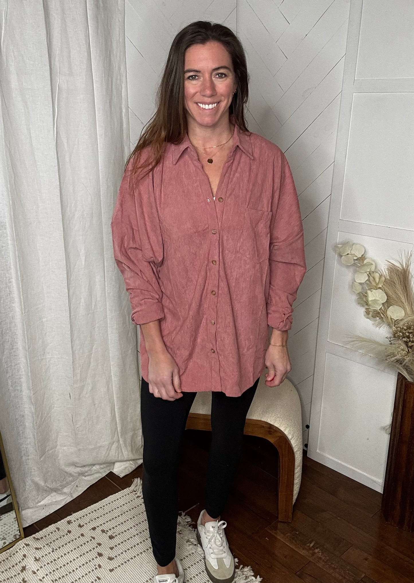 Mauve Casual Oversized Button Down Corduroy Shirt