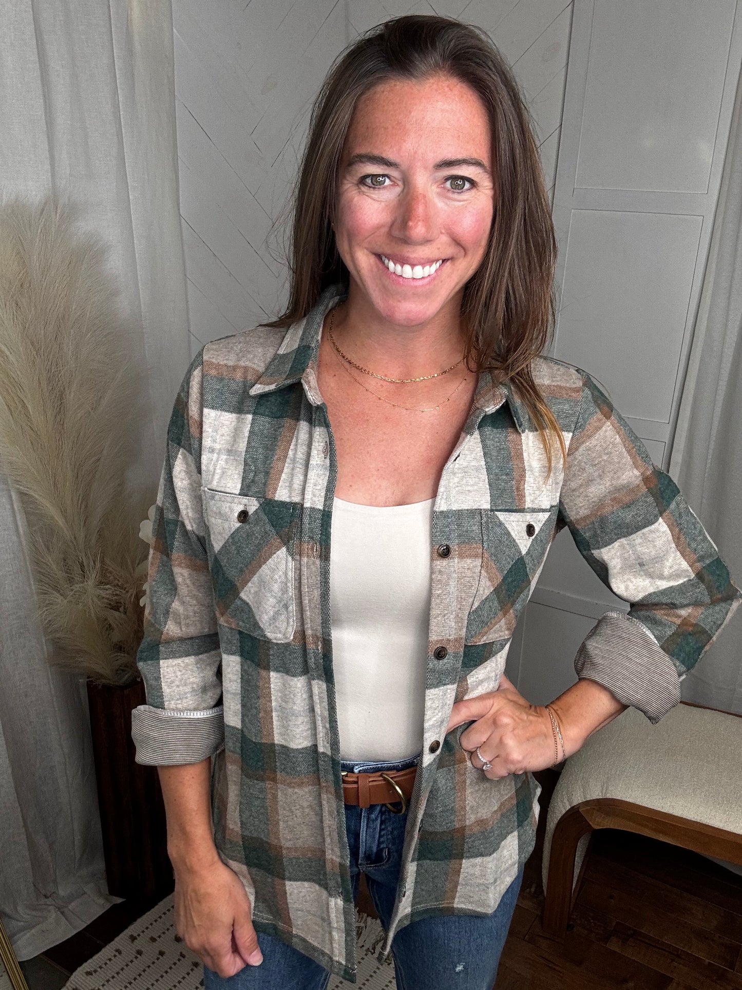 Tan, Dk. Green & Rust Plaid Button Up