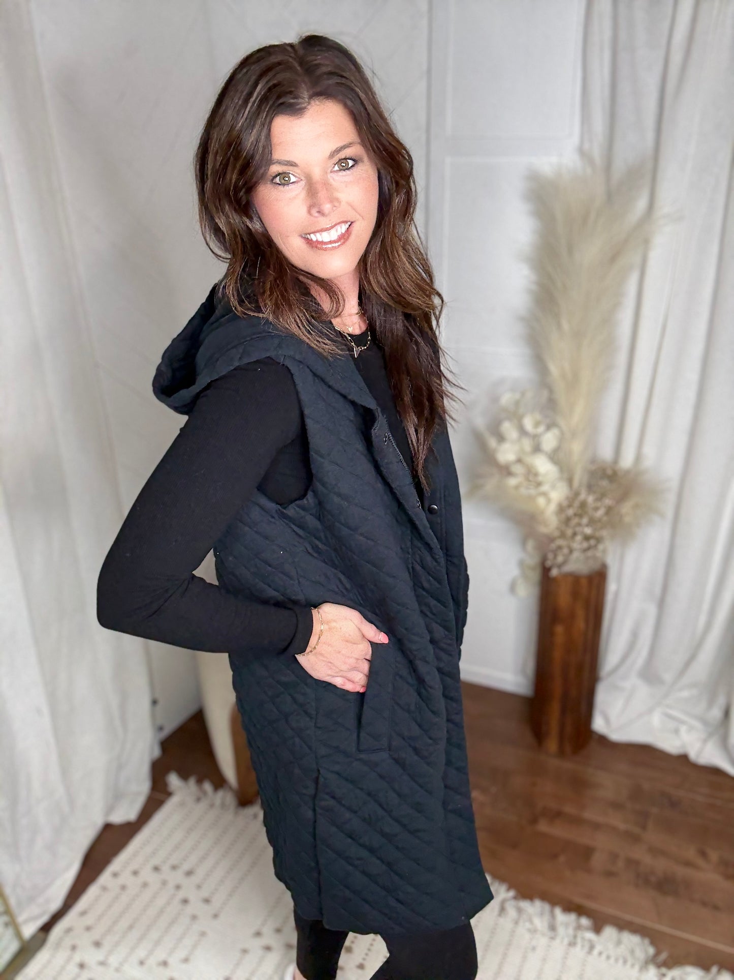 Longline Quilted Vest: Black