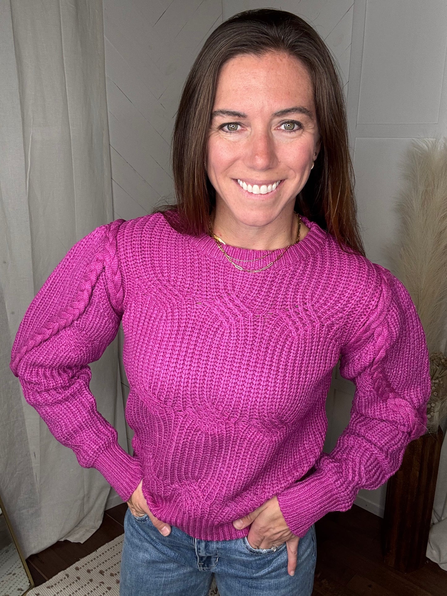 Raspberry Braided Puff Sleeve Sweater