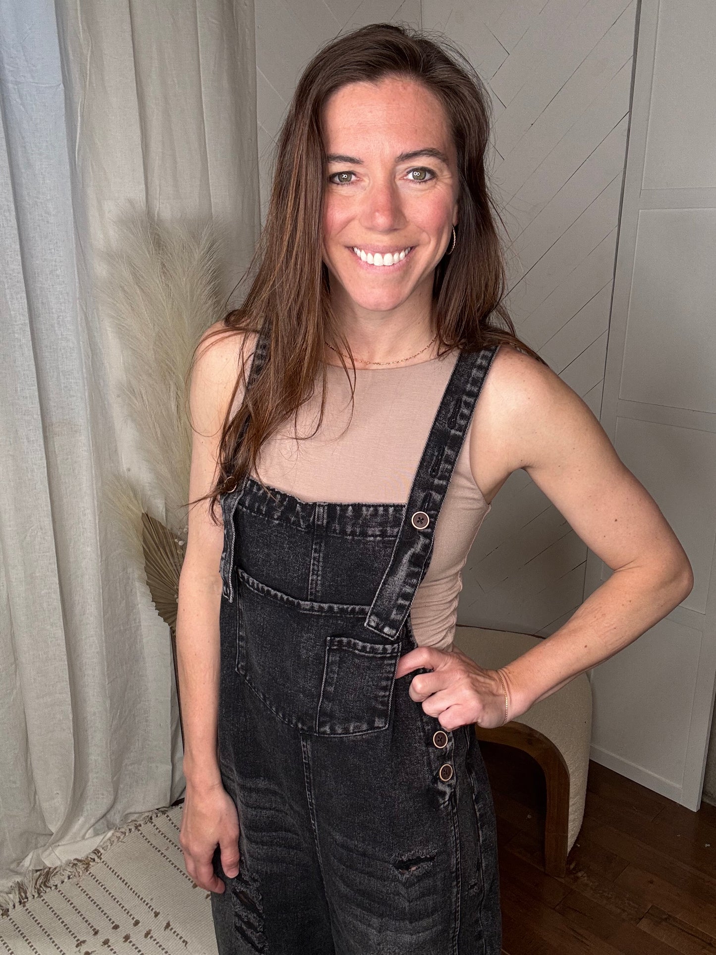 Black Distressed Wide Leg Denim Overalls