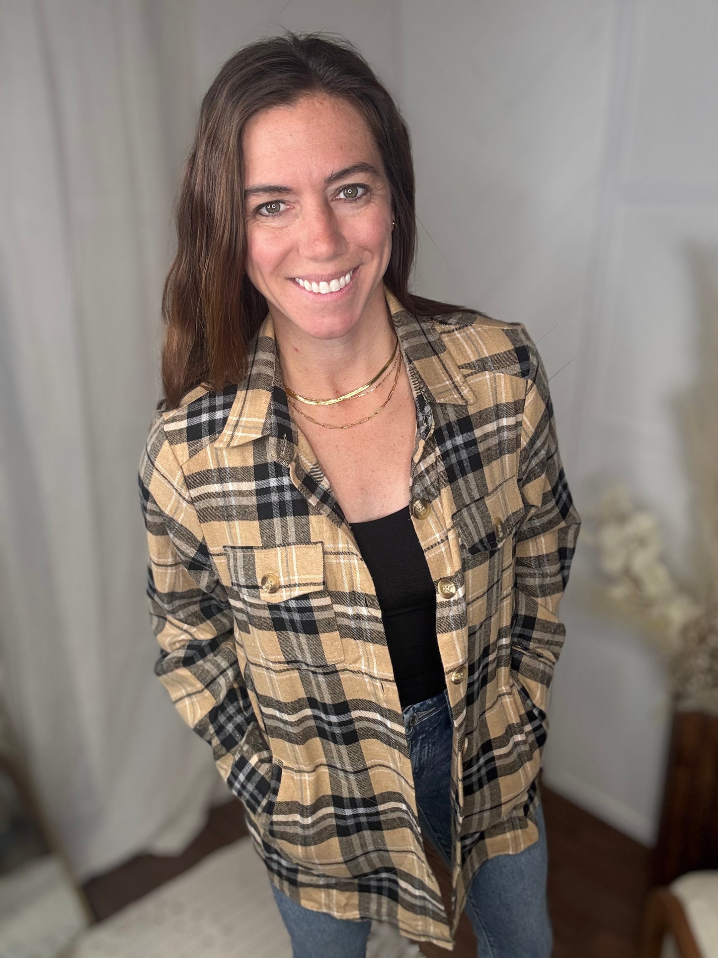 Taupe Plaid Button Up