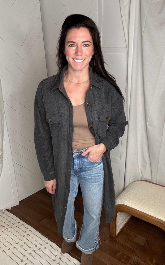 Charcoal Fleece Long Line Jacket