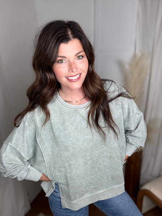 Sage Mineral Wash High Low Knit Top
