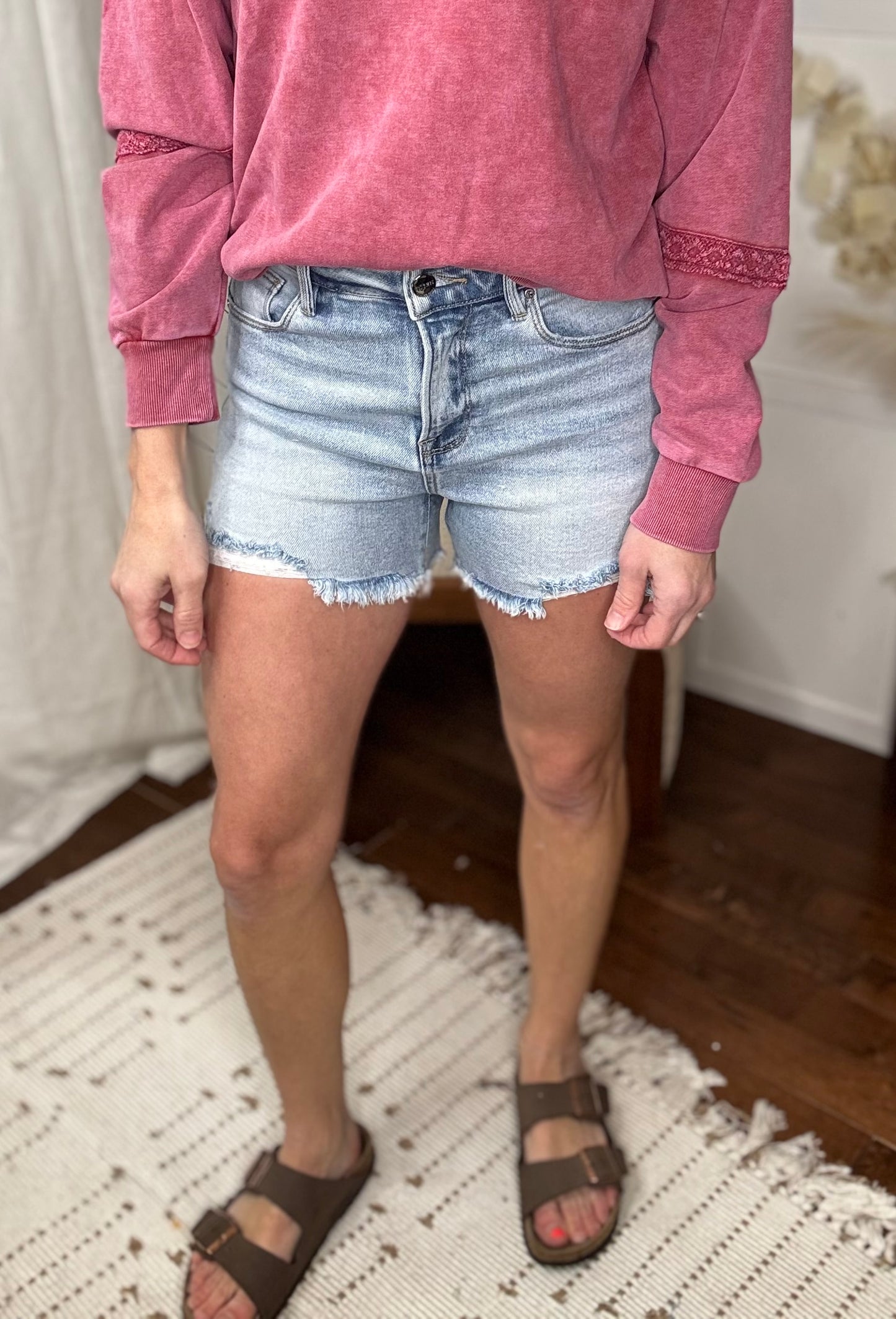 Risen71: Light High Rise Distressed Shorts