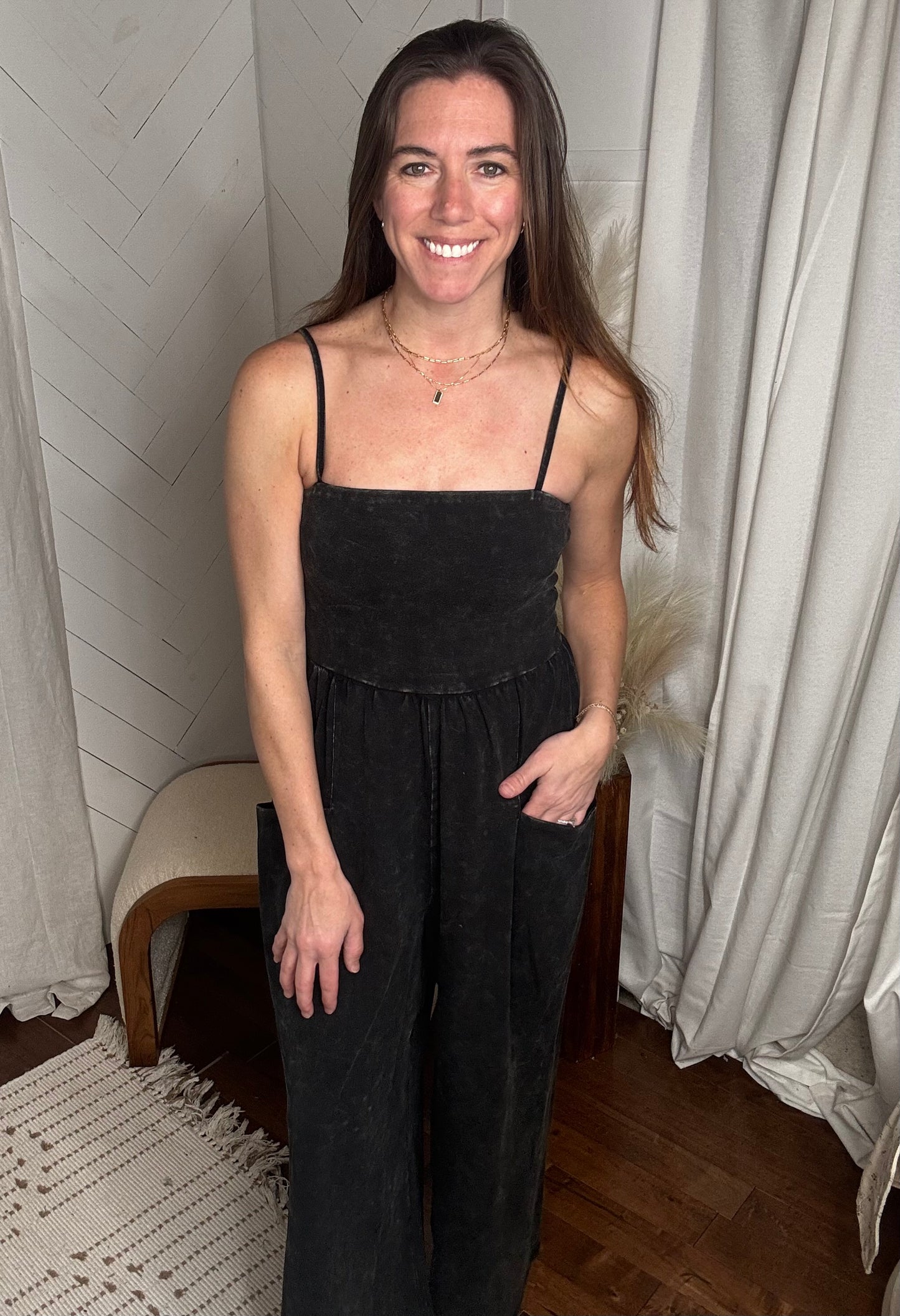 Dark Mineral Washed Wide Leg Jumpsuit