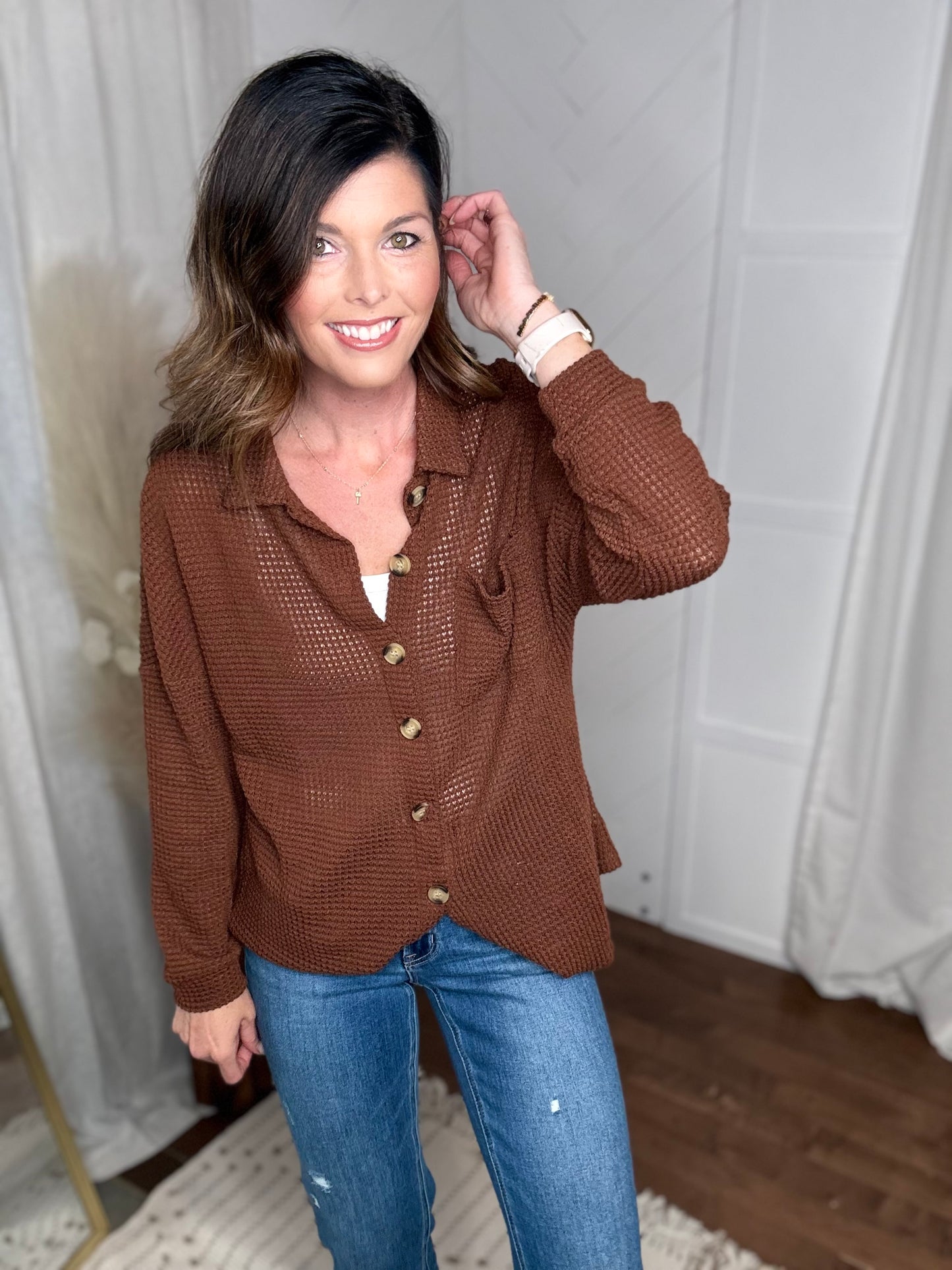 Coffee Run Waffle Knit Button Up