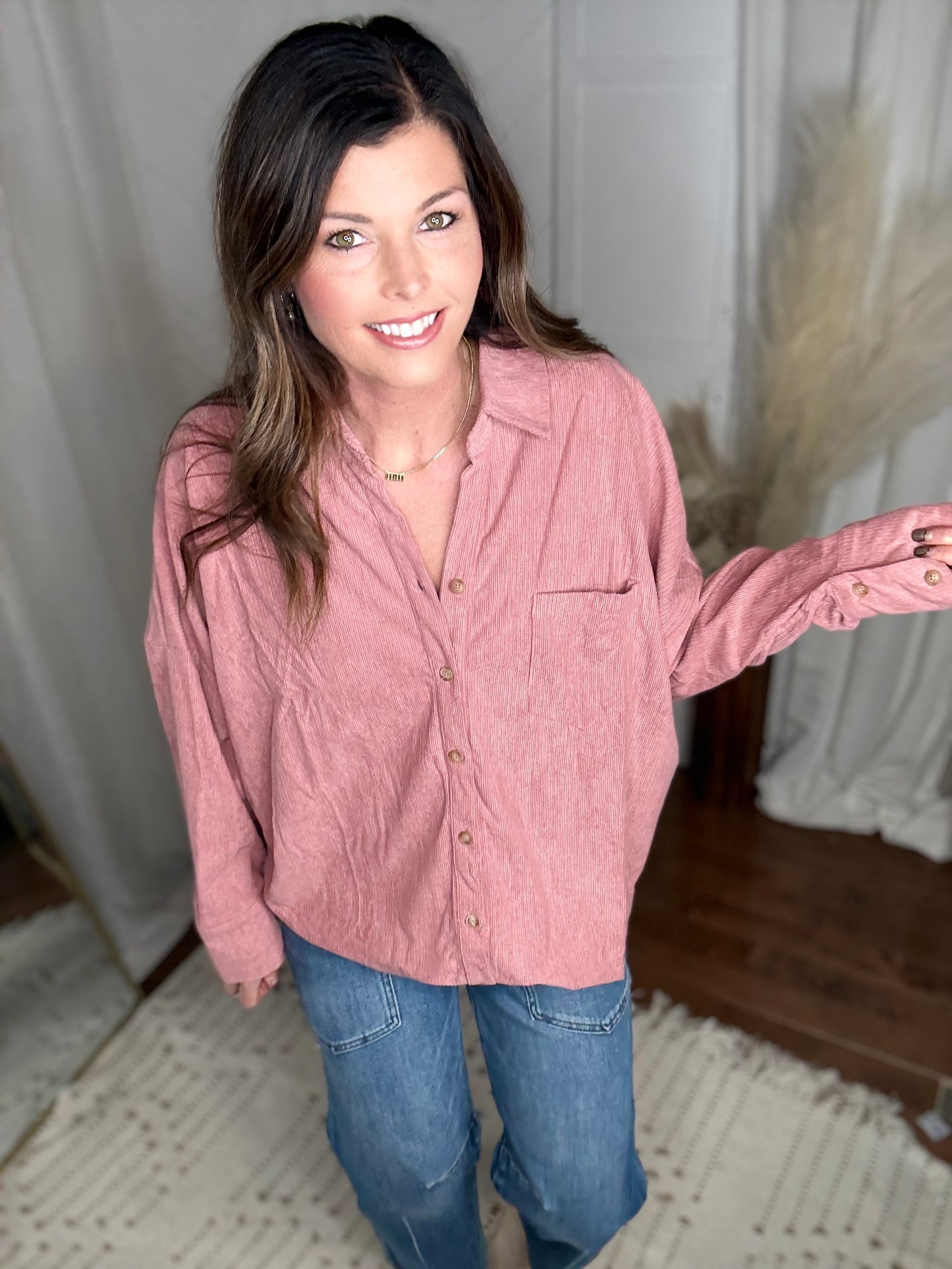 Mauve Casual Oversized Button Down Corduroy Shirt