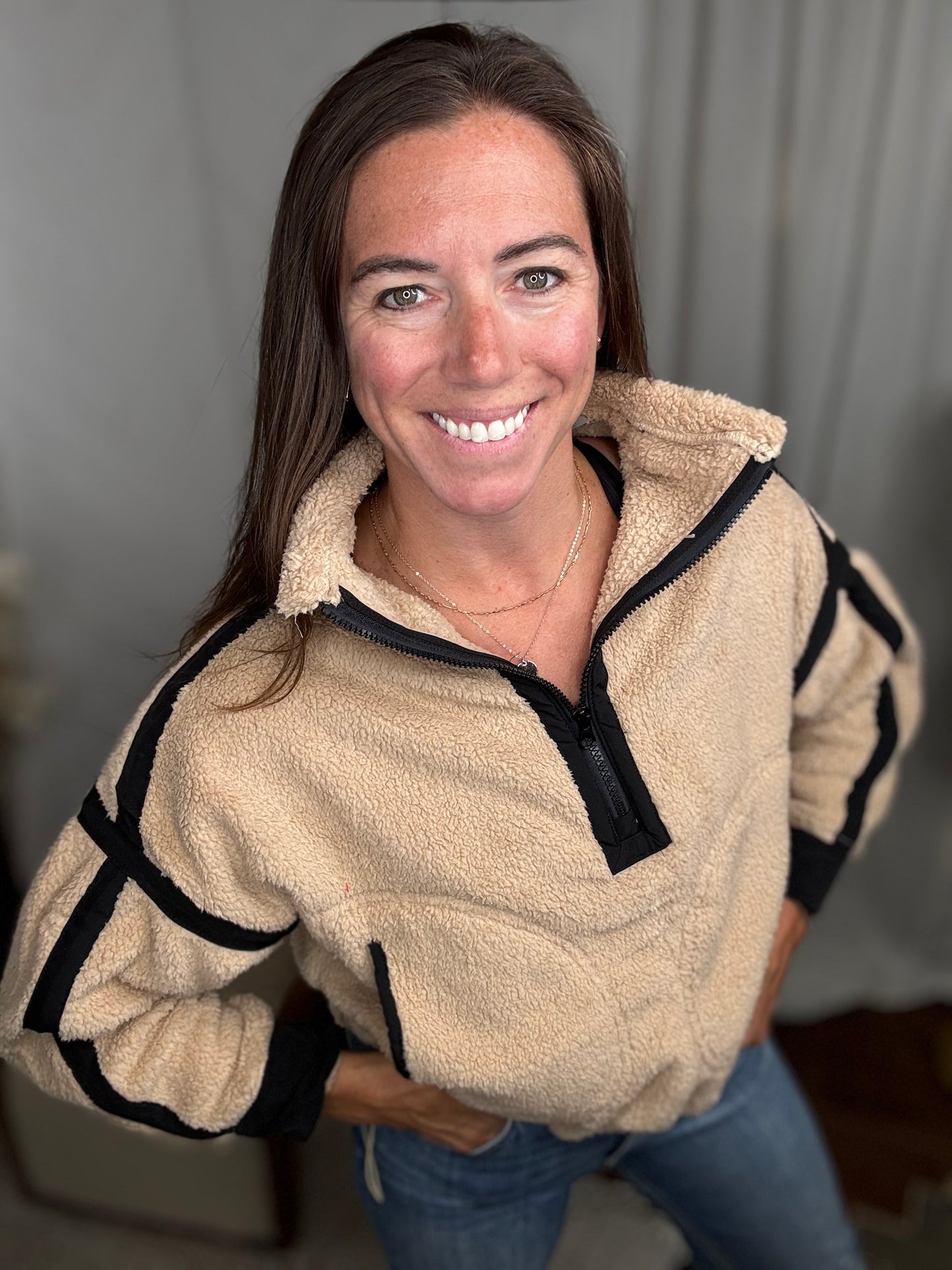Tan & Black Half Zip Sherpa Fleece Sweatshirt