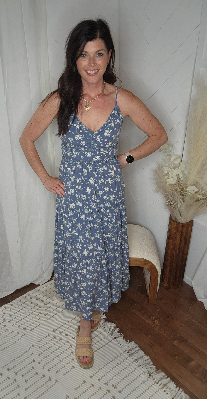 Blue Floral Tiered Midi Dress
