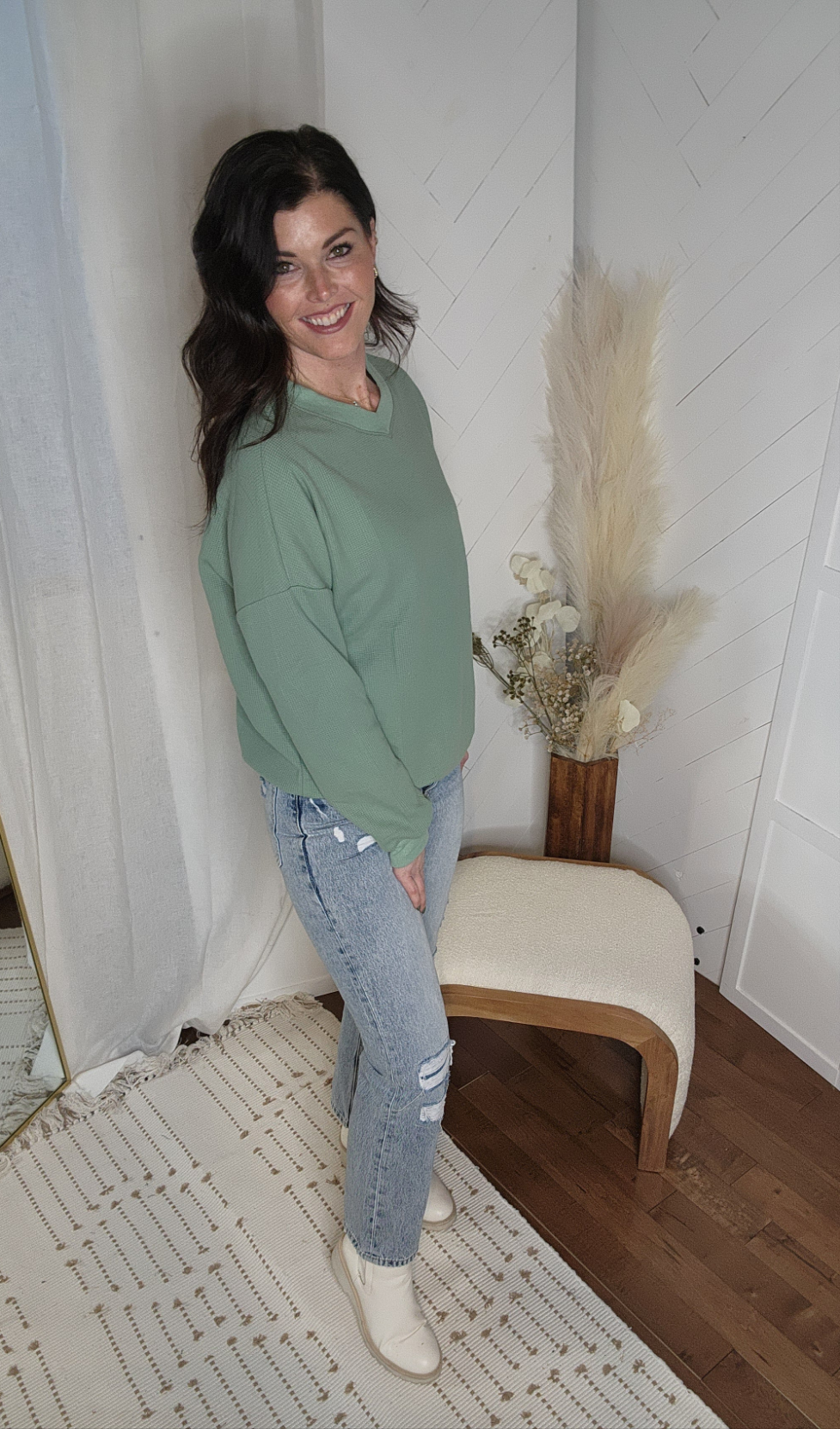 Moody Mint Waffle V Neck Top