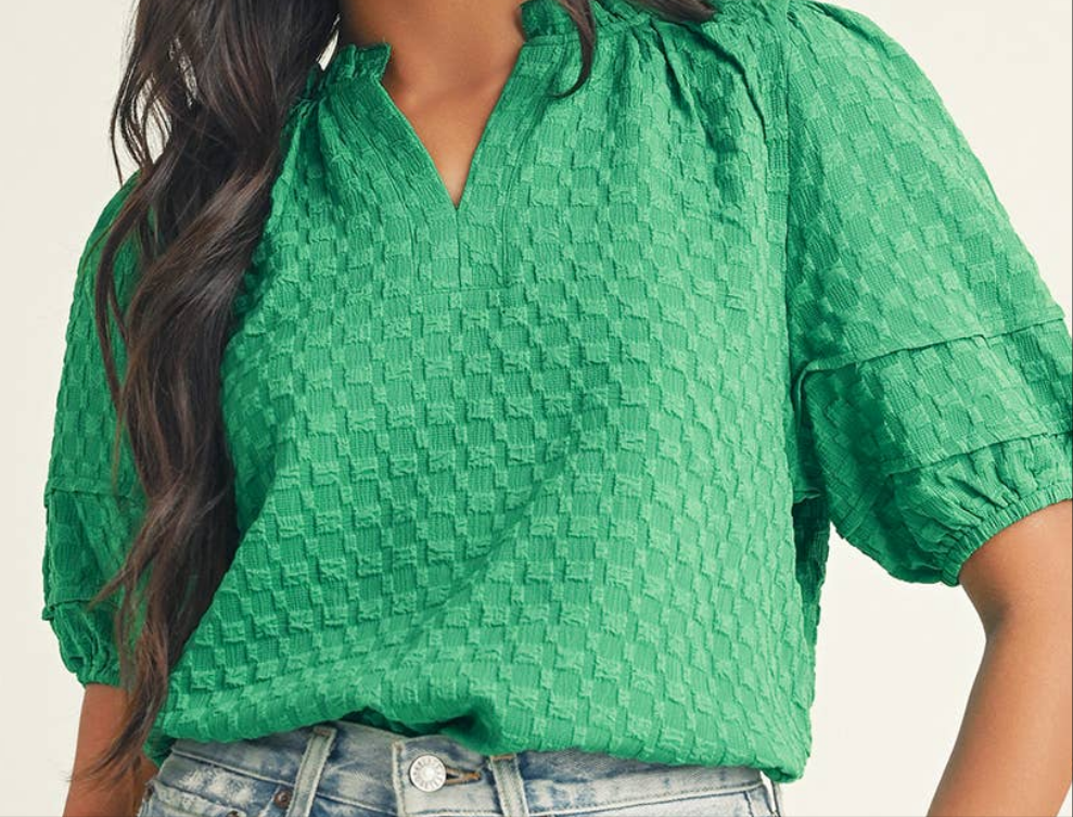 Green Textured Puff Sleeve Top