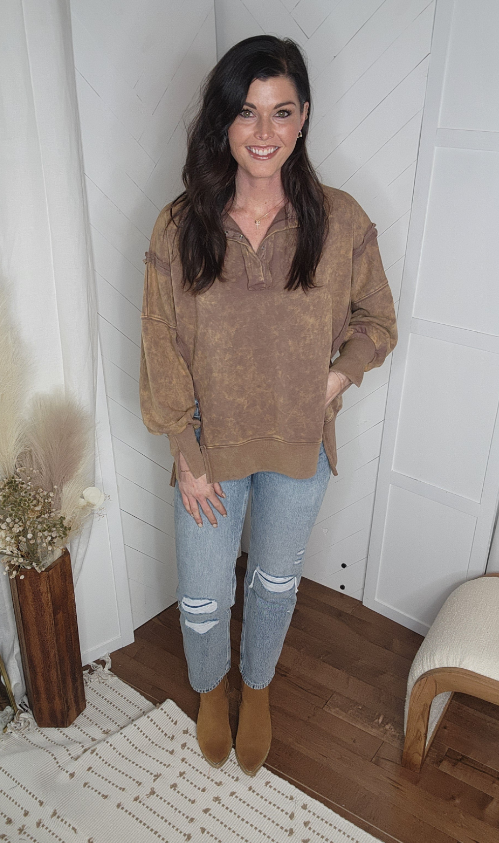 Mocha Washed Henley Sweatshirt
