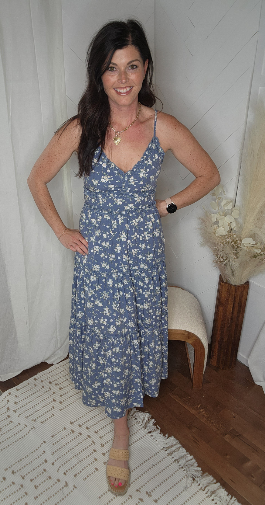 Blue Floral Tiered Midi Dress