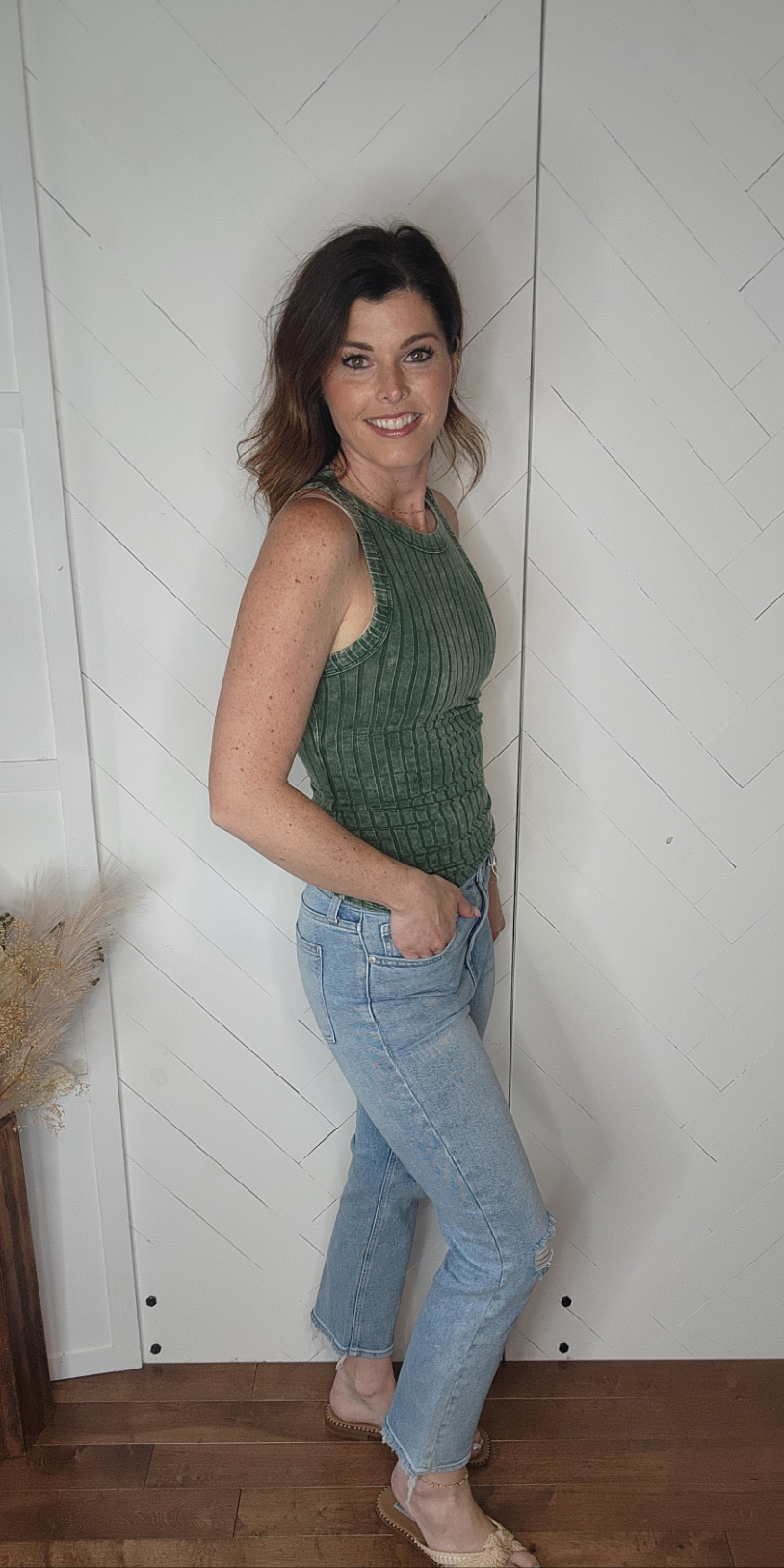 Ribbed Round Neck Tank: Dark Green