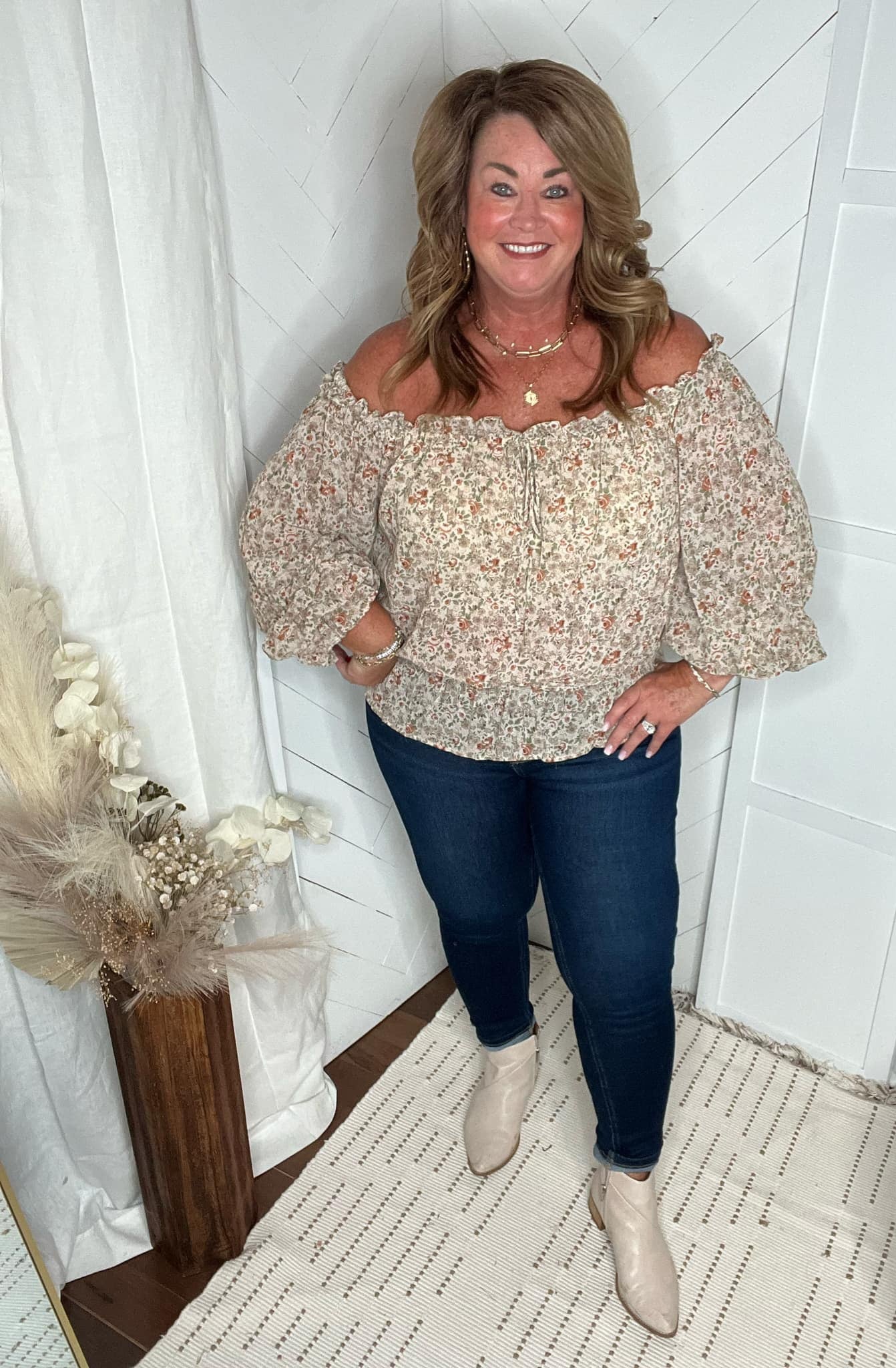 Off The Shoulder Taupe Floral Blouse