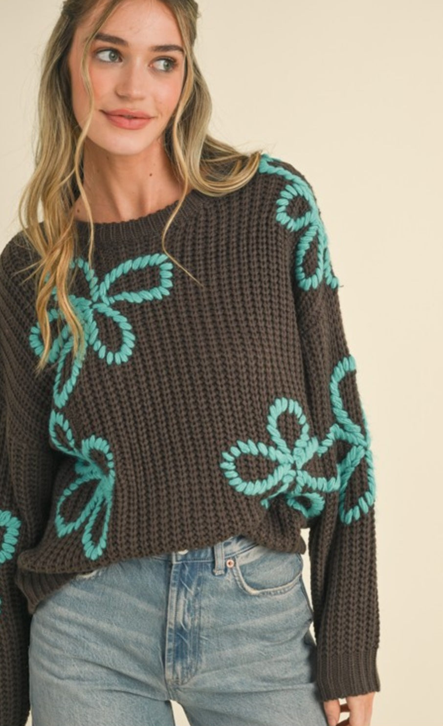 Chocolate Aqua Flower Sweater