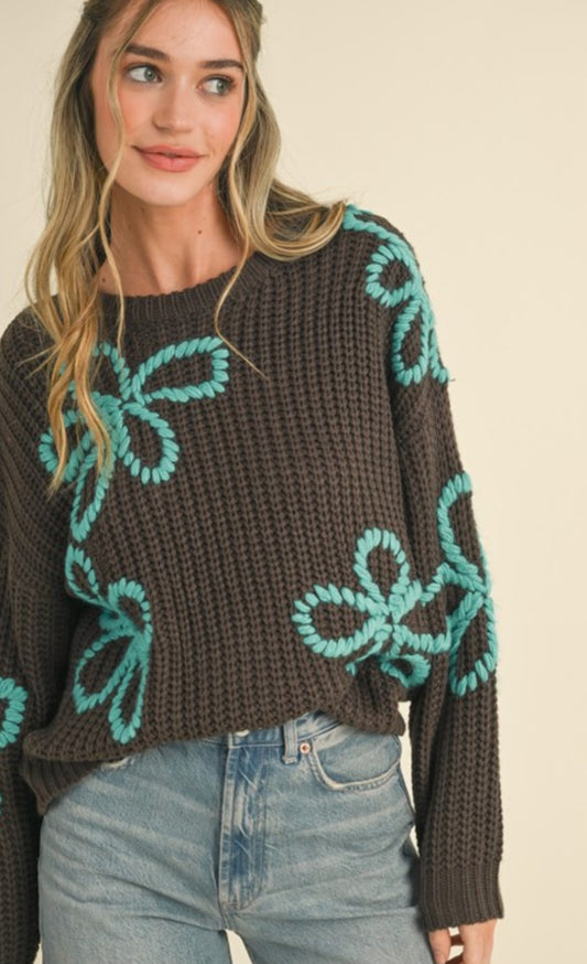 Chocolate Aqua Flower Sweater