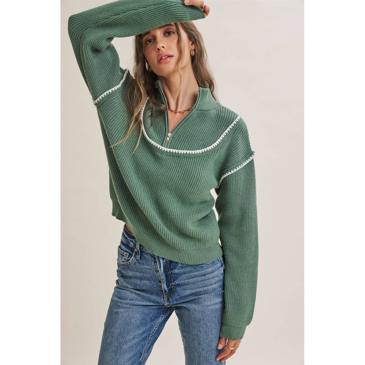 Evergreen Whipstitch Half Zip Sweater