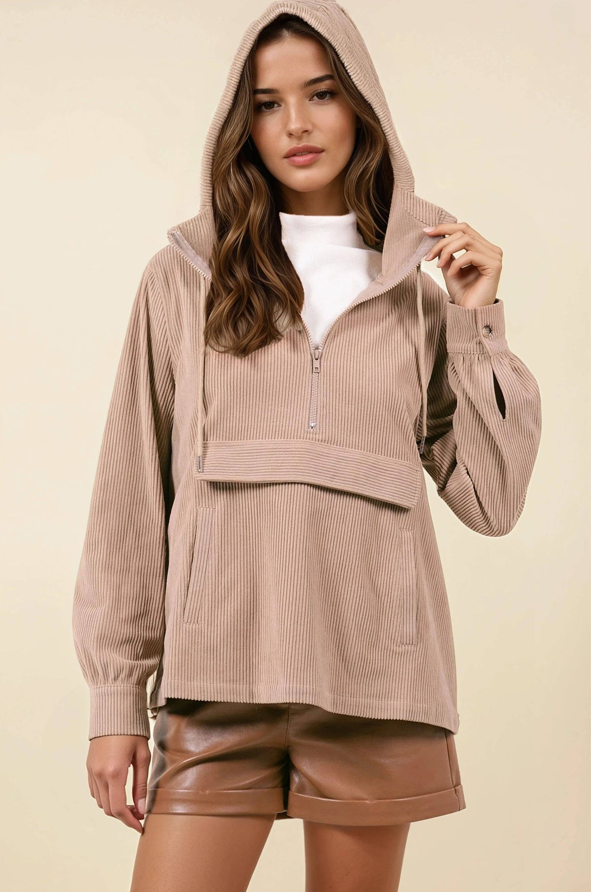 Mushroom Velour Textured Half Zip Hoodie