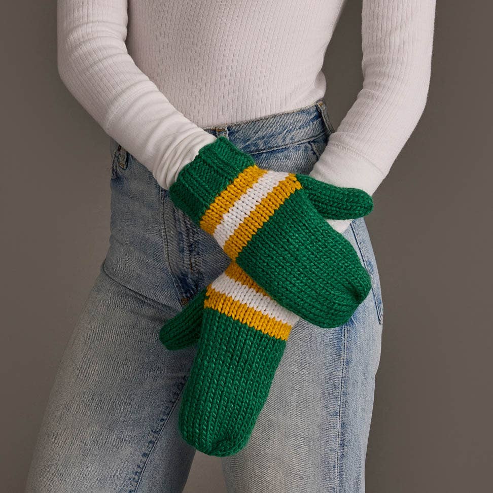 Green, Gold & White Knit Mittens
