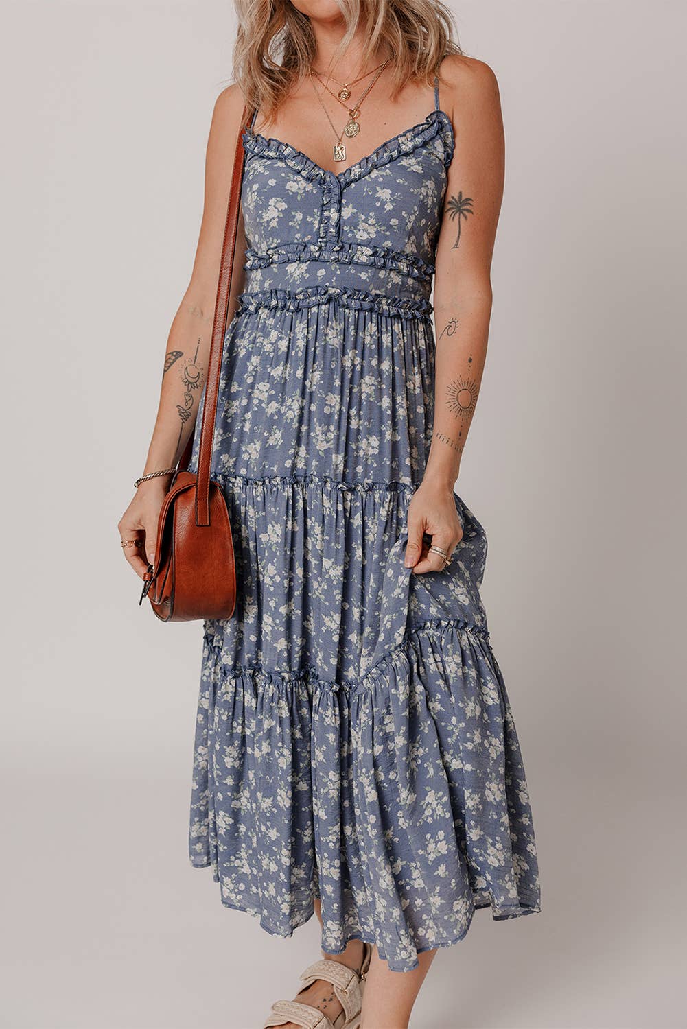 Blue Floral Tiered Midi Dress