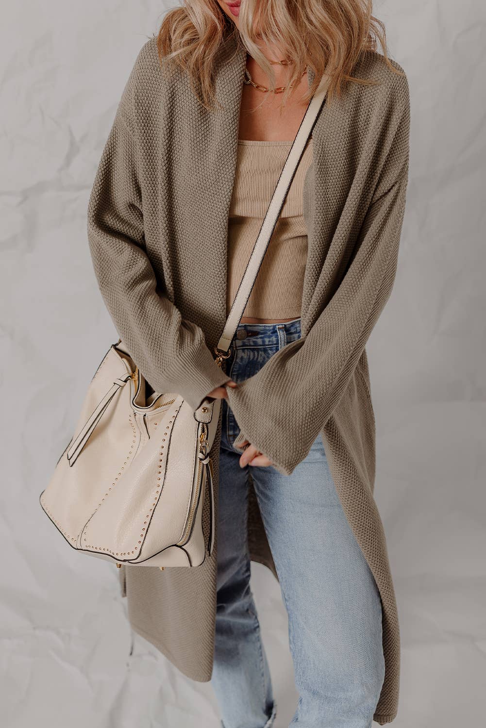 Dune Textured Open Front Oversize Midi Cardigan
