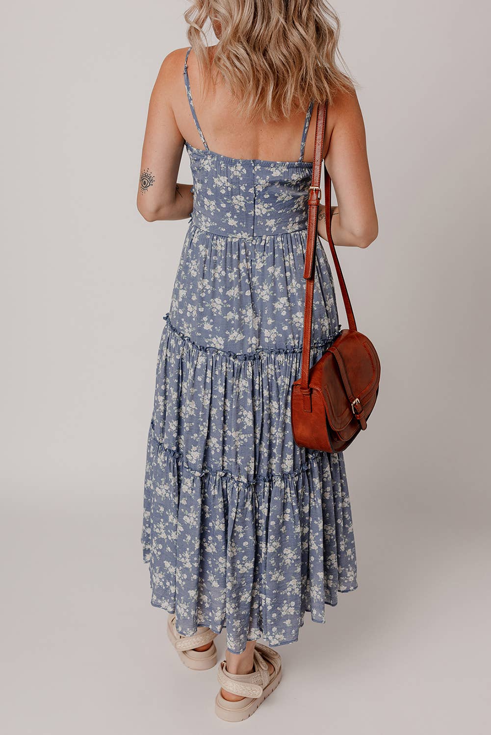 Blue Floral Tiered Midi Dress