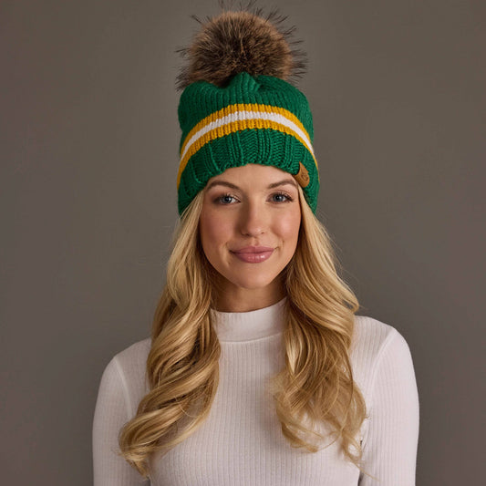 Green, Gold & White Knit Pom Hat