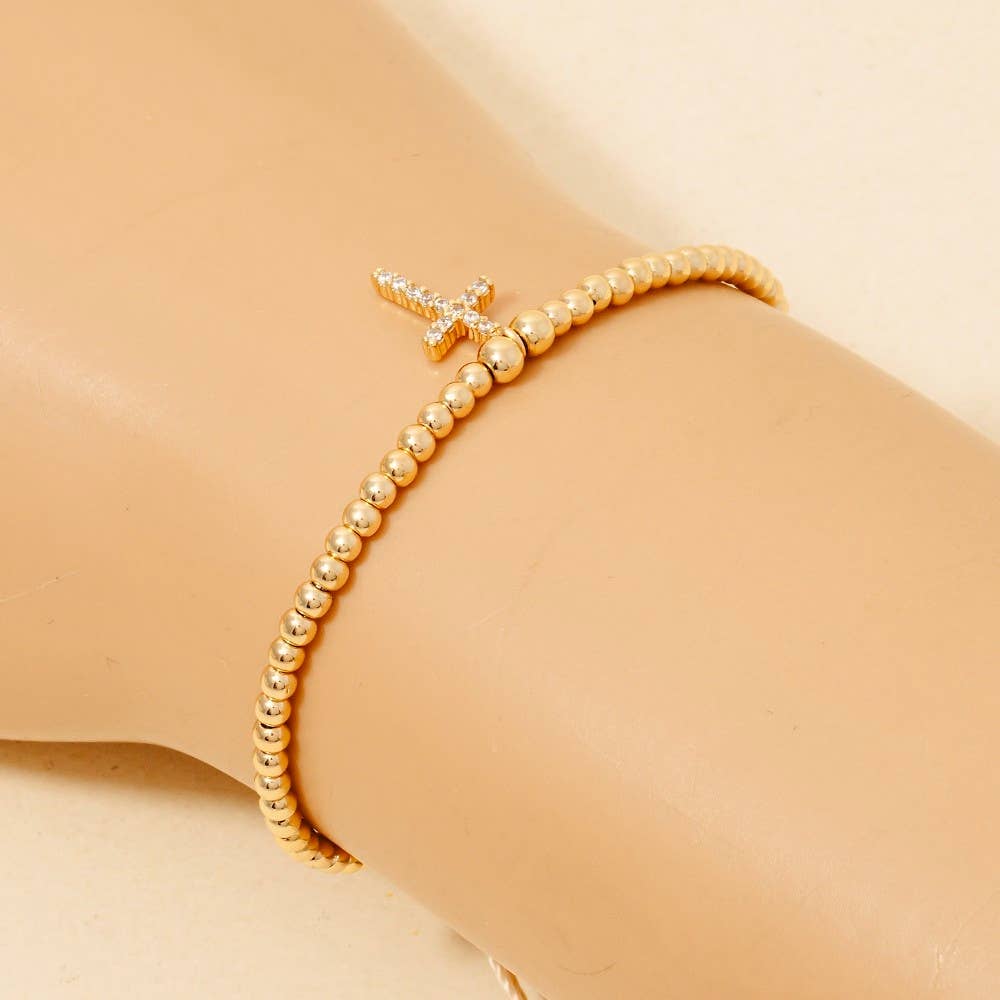 Gold Cross Charm Beaded Cord Bracelet