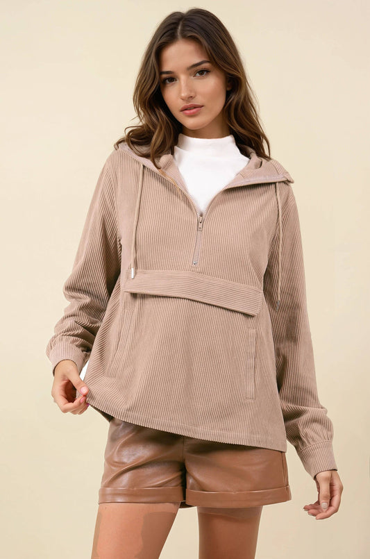Mushroom Velour Textured Half Zip Hoodie