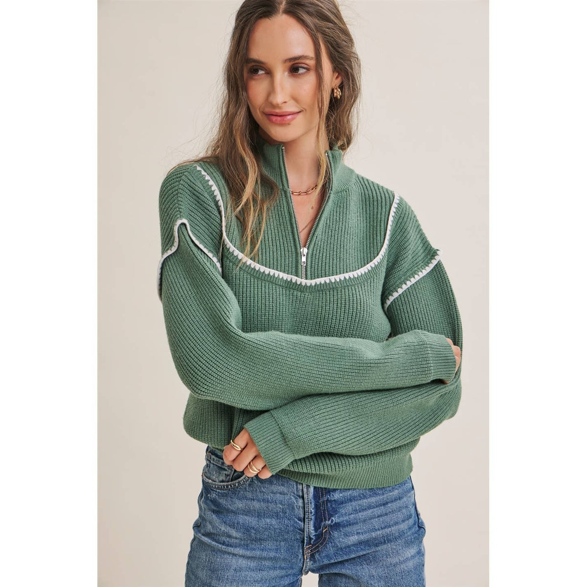 Evergreen Whipstitch Half Zip Sweater