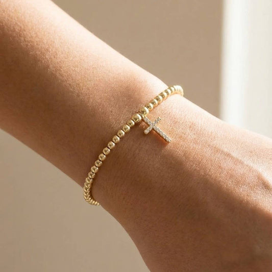 Gold Cross Charm Beaded Cord Bracelet