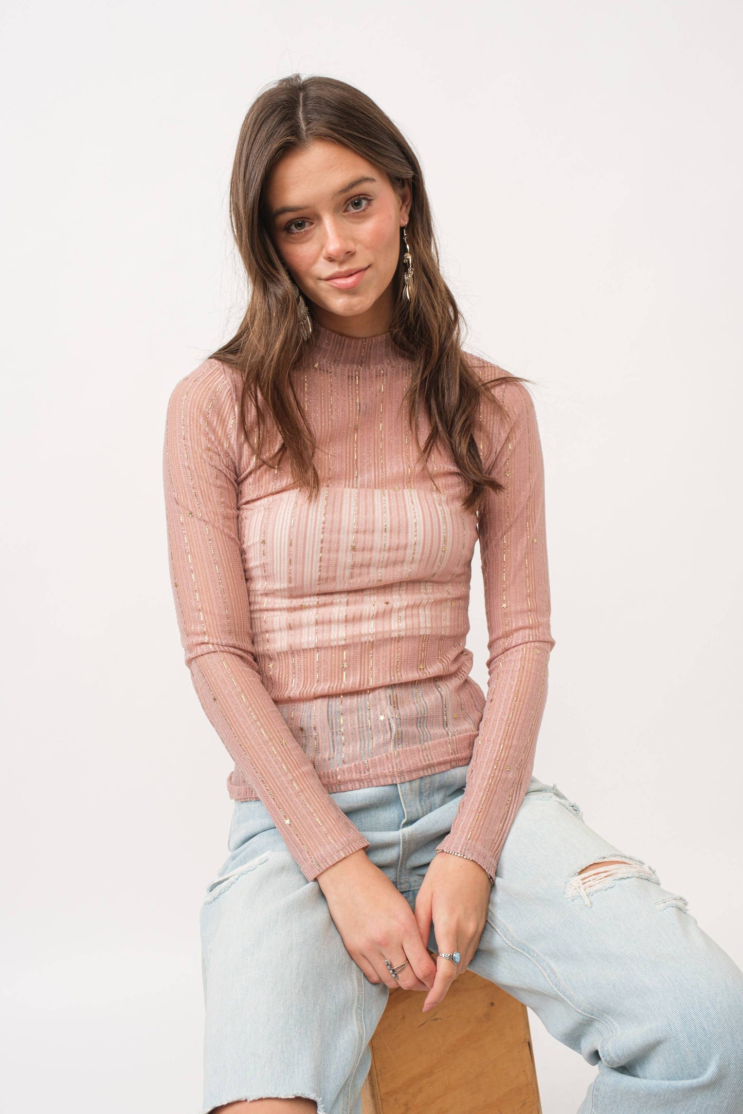 Metallic Stripe Mesh Mock Neck Top: Rose Gold