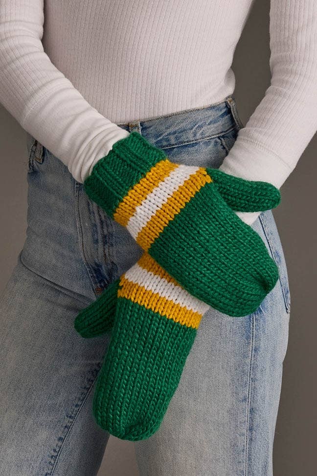Green, Gold & White Knit Mittens