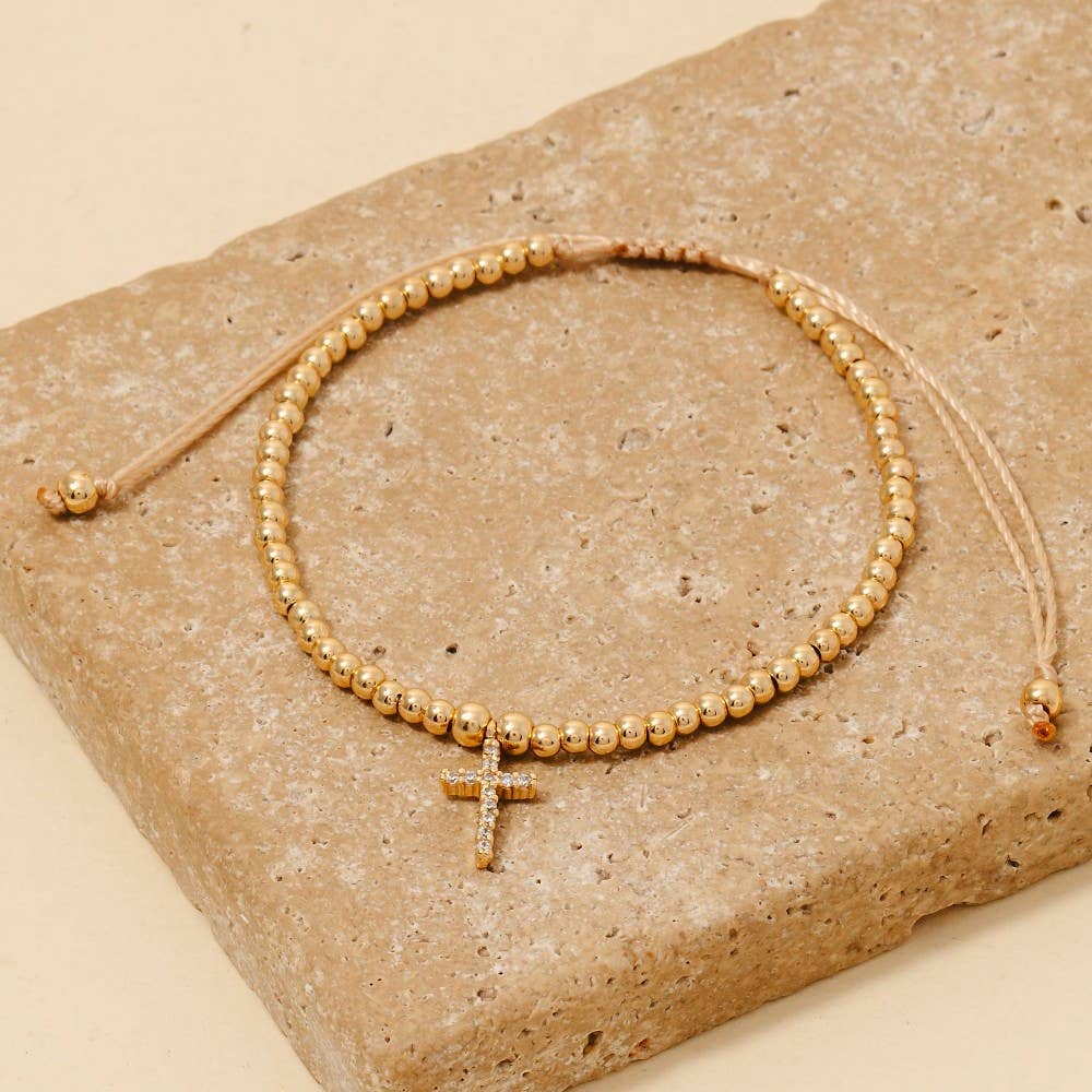 Gold Cross Charm Beaded Cord Bracelet