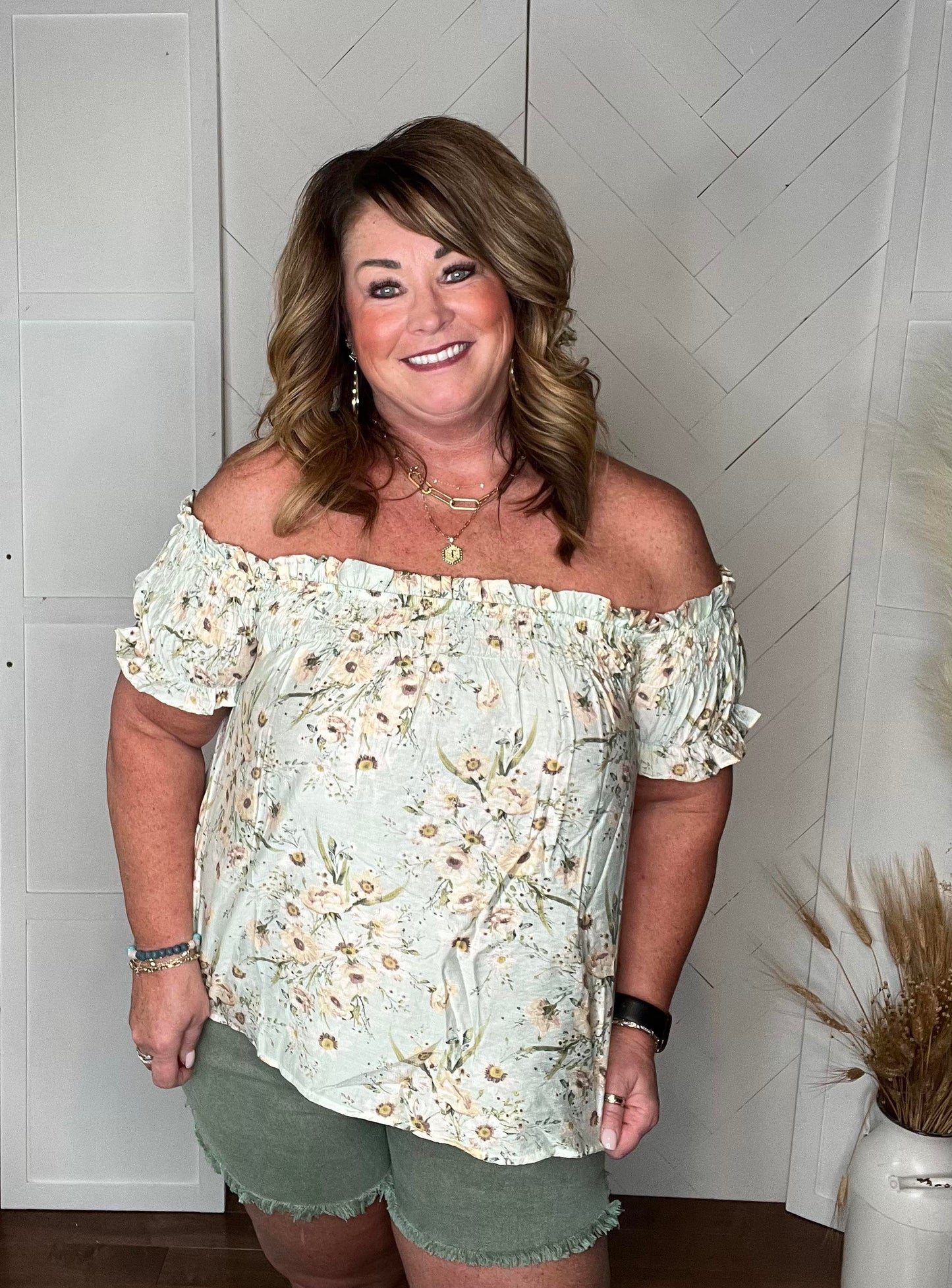 Seafoam Floral: Off the Shoulder Blouse